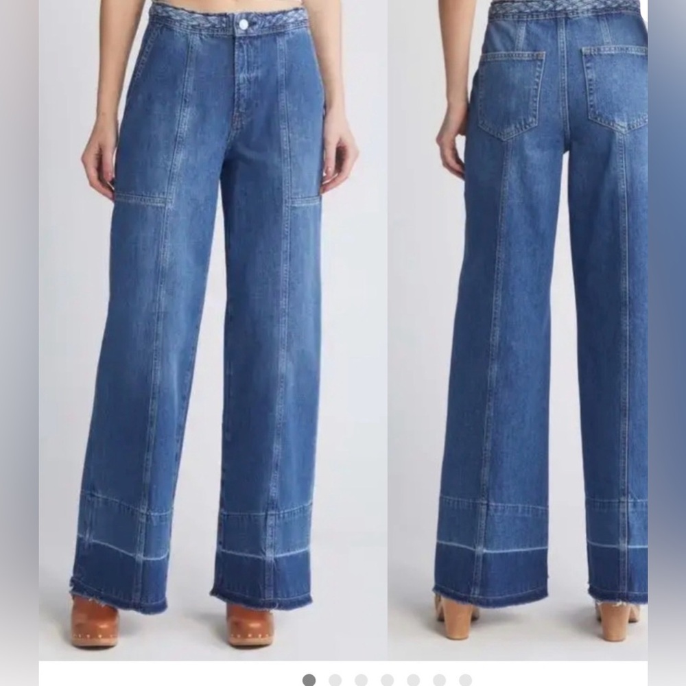 FRAME Pixie Braided Waistband Wide
Leg Jeans in Dewdrop Size 25